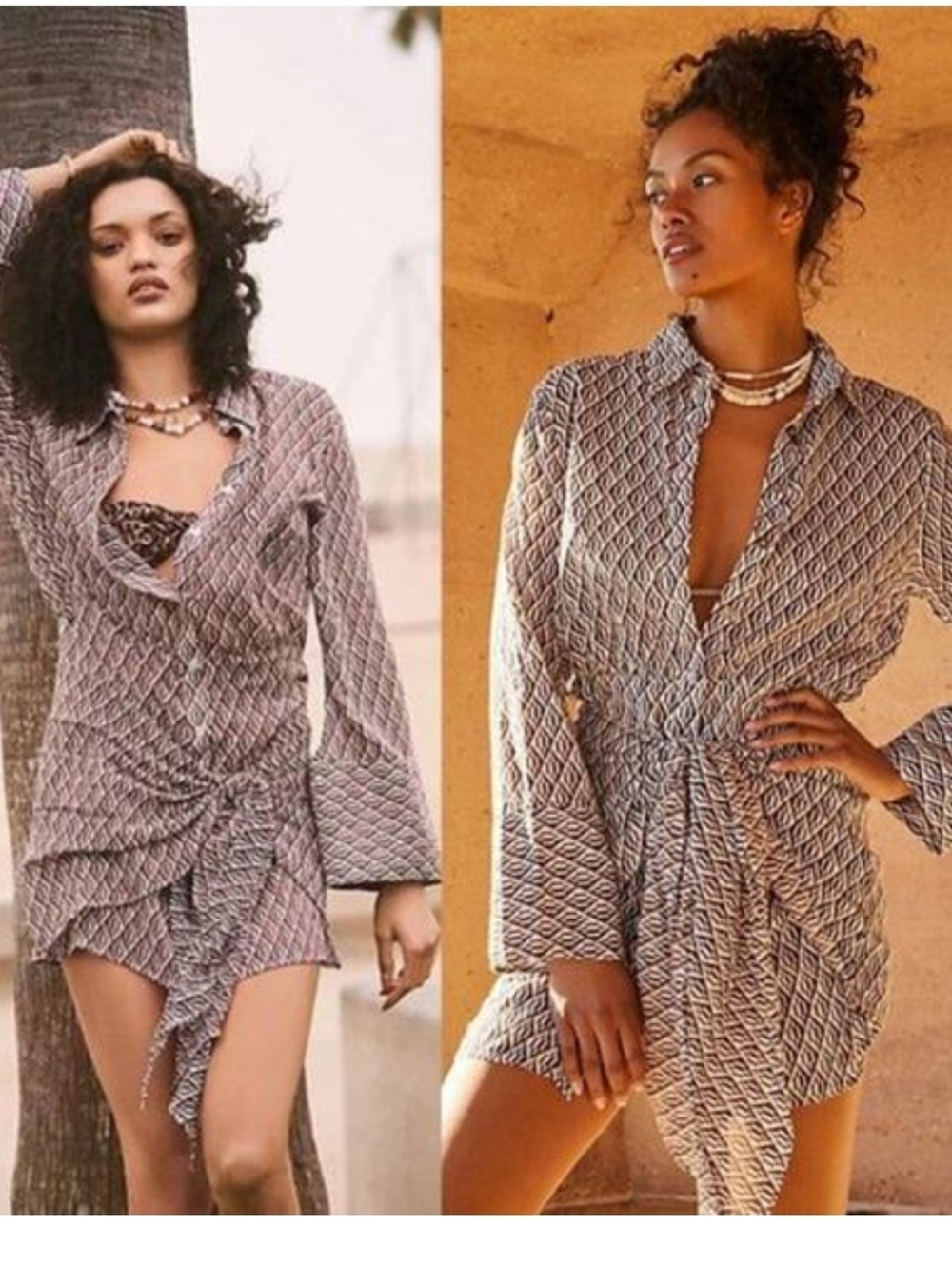 Free People Black & White Diamond-Print Wrap Dress